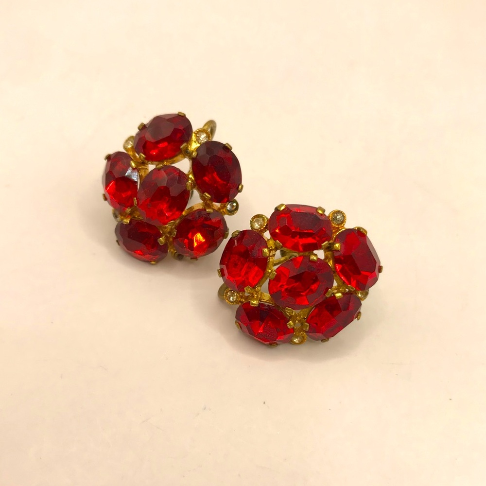 Vintage Signed Czechoslovakia Red Glass Screw Back Earrings
